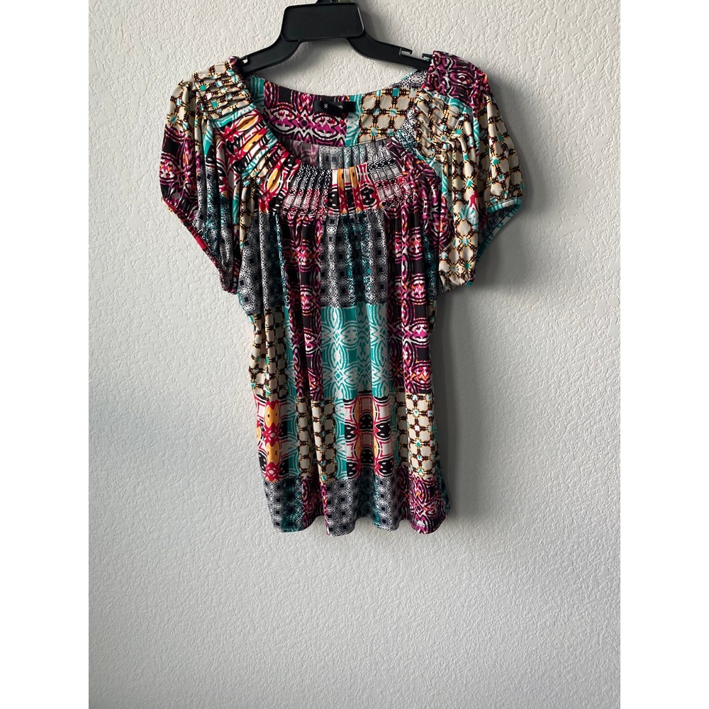 Style & Co Women Patchwork Geometric Boho Smocked Blouse Size L Multicolor